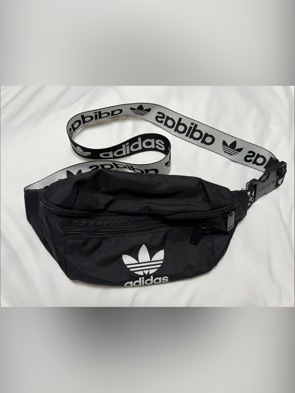 adidas Black Waist Bag with White Trefoil and Logo Strap